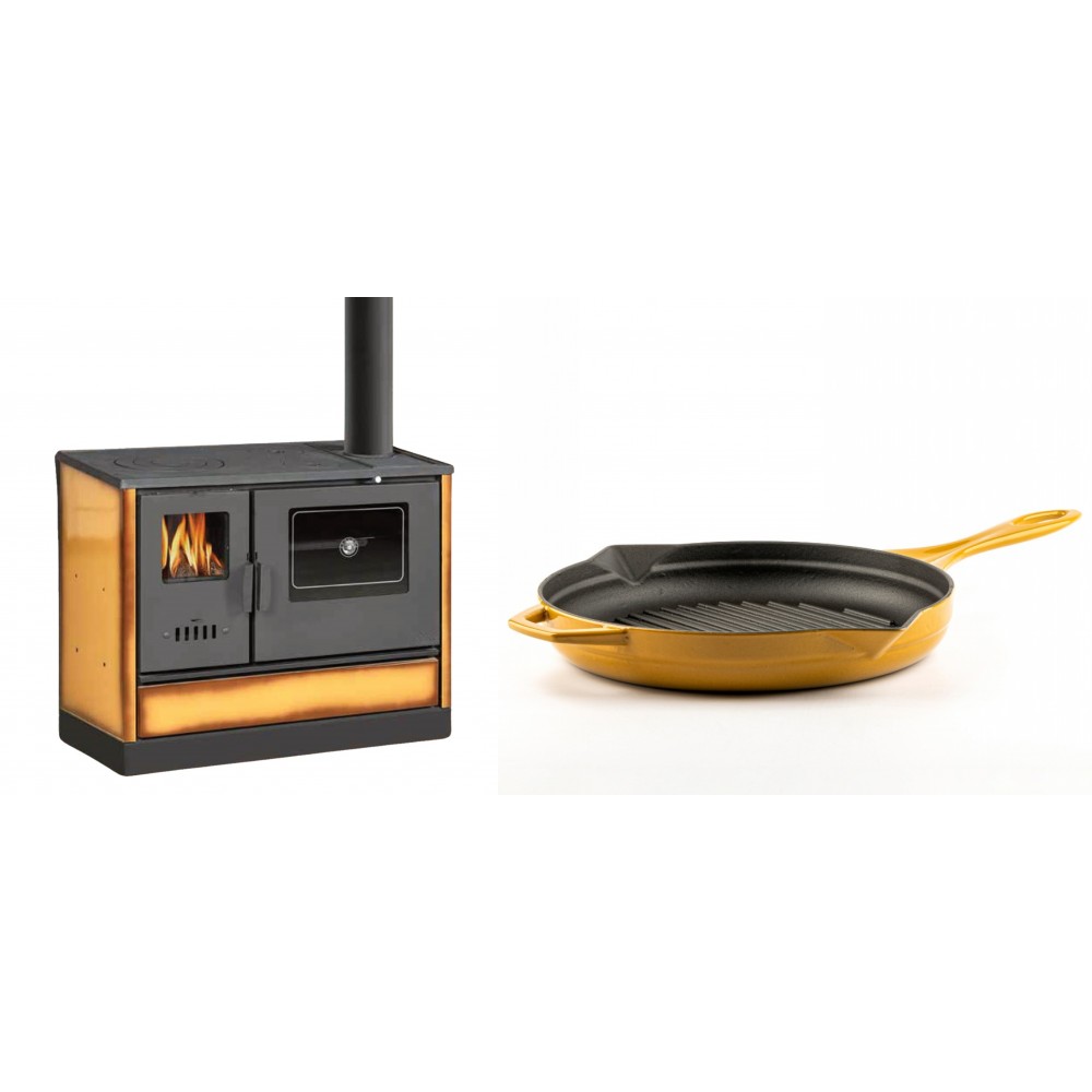 Set Küchenofen mit Backofen und Kochplatte Balkan Energy, Modell 4020 Cappuccino, Obere Platte aus Gusseisen, Leistung 7.9kW + Emaillierte grillpfanne Gusseisen Solagio, Dijon, Ф28cm | Kaminofen - Holzofen mit Backfach | Kaminofen |