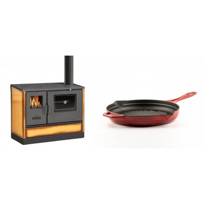 Set Küchenofen mit Backofen und Kochplatte Balkan Energy, Modell 4020 Cappuccino, Obere Platte aus Gusseisen, Leistung 7.9kW + Emaillierte grillpfanne Gusseisen Solagio, Rubin, Ф24cm - Balkan Energy