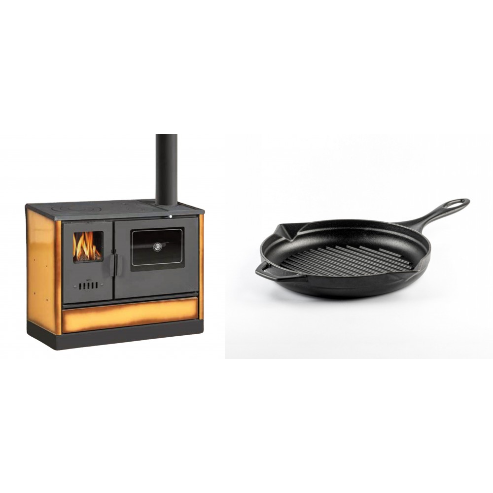 Set Küchenofen mit Backofen und Kochplatte Balkan Energy, Modell 4020 Cappuccino, Obere Platte aus Gusseisen, Leistung 7.9kW + Emaillierte grillpfanne Gusseisen Solagio, Black Onyx, Ф24cm
