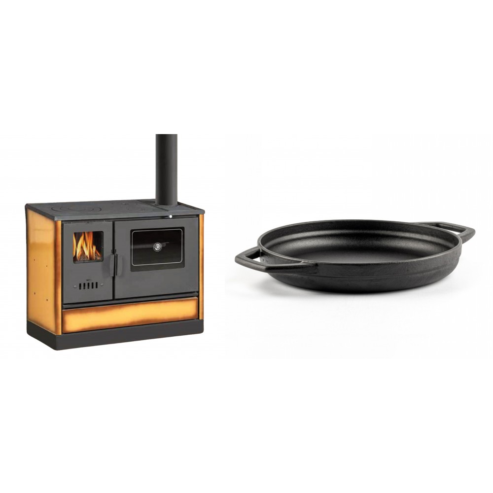 Set Küchenofen mit Backofen und Kochplatte Balkan Energy, Modell 4020 Cappuccino, Obere Platte aus Gusseisen, Leistung 7.9kW + Emaillierte gusseisenpfanne mit zwei Griffen Solagio, Black Onyx, Ф22cm | Kaminofen - Holzofen mit Backfach | Kaminofen |