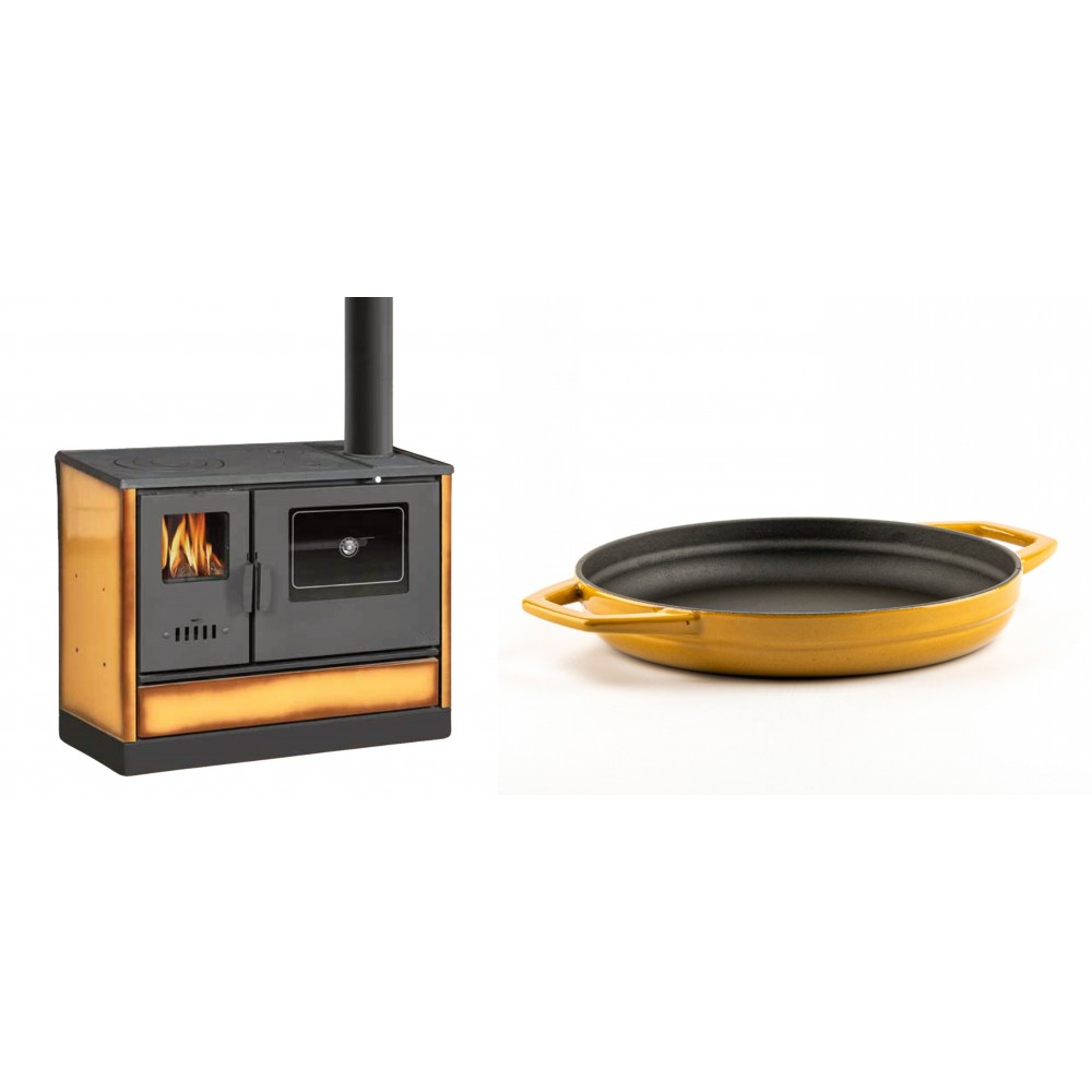 Set Küchenofen mit Backofen und Kochplatte Balkan Energy, Modell 4020 Cappuccino, Obere Platte aus Gusseisen, Leistung 7.9kW + Emaillierte gusseisenpfanne mit zwei Griffen Solagio, Dijon, Ф22cm