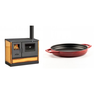 Set Küchenofen mit Backofen und Kochplatte Balkan Energy, Modell 4020 Cappuccino, Obere Platte aus Gusseisen, Leistung 7.9kW + Emaillierte gusseisenpfanne mit zwei Griffen Solagio, Rubin, Ф22cm - Balkan Energy