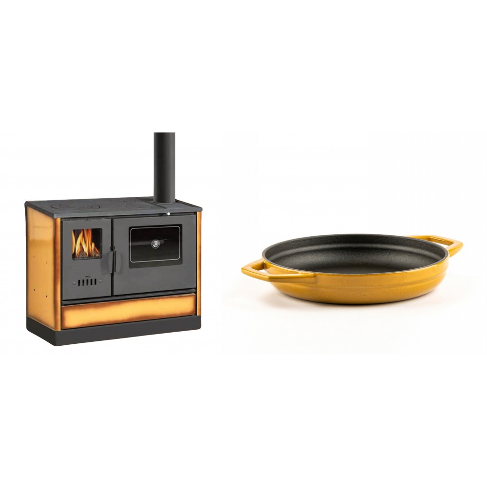 Set Küchenofen mit Backofen und Kochplatte Balkan Energy, Modell 4020 Cappuccino, Obere Platte aus Gusseisen, Leistung 7.9kW + Emaillierte gusseisenpfanne mit zwei Griffen Solagio, Dijon, Ф19cm | Kaminofen - Holzofen mit Backfach | Kaminofen |