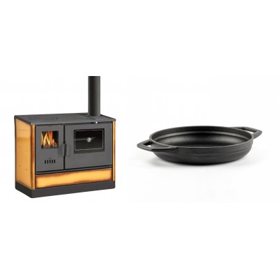 Set Küchenofen mit Backofen und Kochplatte Balkan Energy, Modell 4020 Cappuccino, Obere Platte aus Gusseisen, Leistung 7.9kW + Emaillierte gusseisenpfanne mit zwei Griffen Solagio, Black Onyx, Ф19cm - Balkan Energy