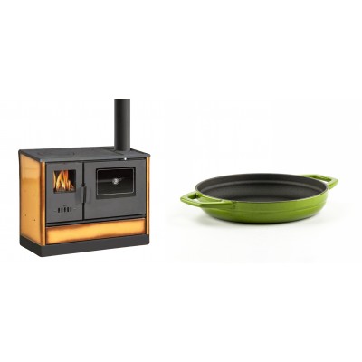 Set Küchenofen mit Backofen und Kochplatte Balkan Energy, Modell 4020 Cappuccino, Obere Platte aus Gusseisen, Leistung 7.9kW + Emaillierte gusseisenpfanne mit zwei Griffen Solagio, Bamboo, Ф19cm - Balkan Energy