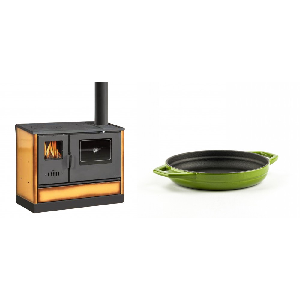 Set Küchenofen mit Backofen und Kochplatte Balkan Energy, Modell 4020 Cappuccino, Obere Platte aus Gusseisen, Leistung 7.9kW + Emaillierte gusseisenpfanne mit zwei Griffen Solagio, Bamboo, Ф16cm | Kaminofen - Holzofen mit Backfach | Kaminofen |