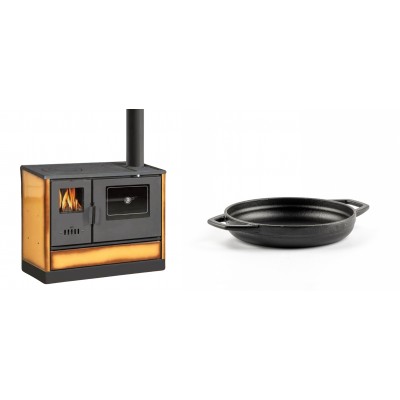 Set Küchenofen mit Backofen und Kochplatte Balkan Energy, Modell 4020 Cappuccino, Obere Platte aus Gusseisen, Leistung 7.9kW + Emaillierte gusseisenpfanne mit zwei Griffen Solagio, Black Onyx, Ф16cm - Balkan Energy