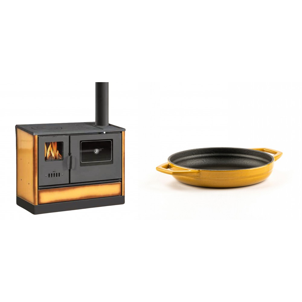 Set Küchenofen mit Backofen und Kochplatte Balkan Energy, Modell 4020 Cappuccino, Obere Platte aus Gusseisen, Leistung 7.9kW + Emaillierte gusseisenpfanne mit zwei Griffen Solagio, Dijon, Ф16cm | Kaminofen - Holzofen mit Backfach | Kaminofen |