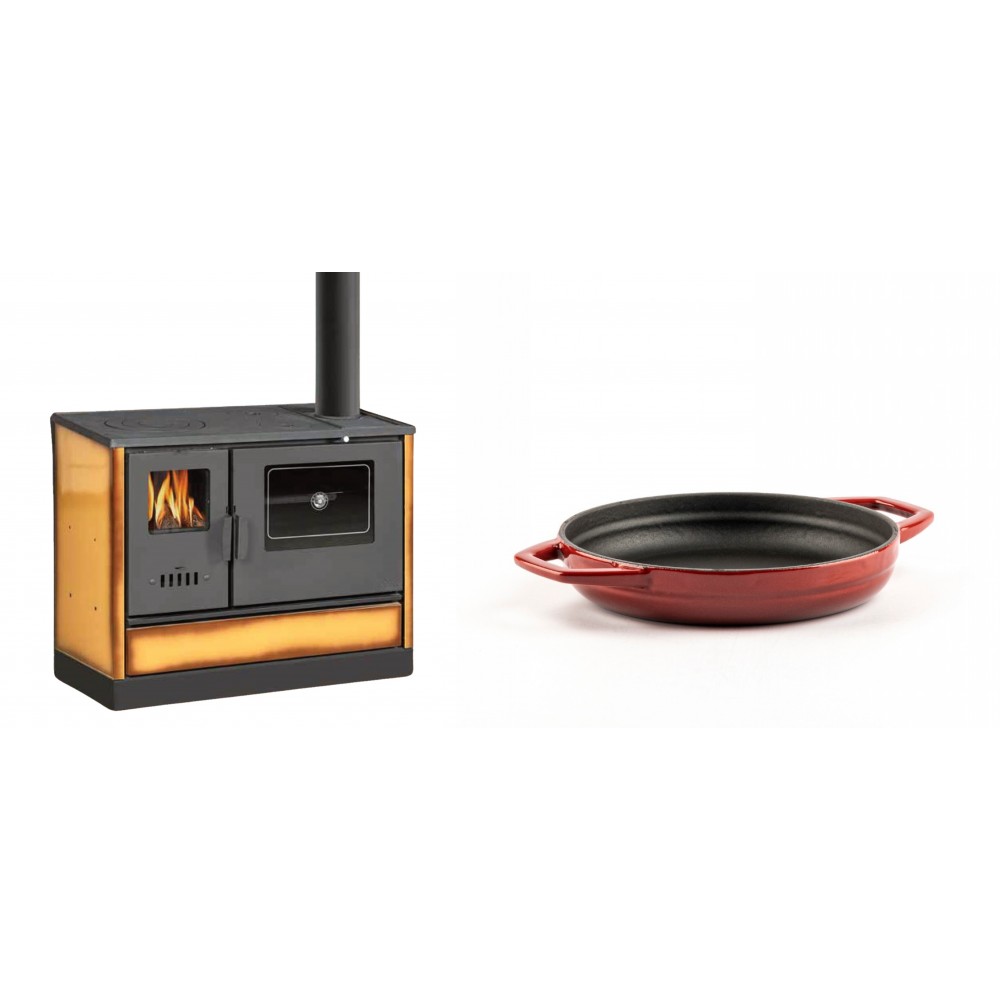 Set Küchenofen mit Backofen und Kochplatte Balkan Energy, Modell 4020 Cappuccino, Obere Platte aus Gusseisen, Leistung 7.9kW + Emaillierte gusseisenpfanne mit zwei Griffen Solagio, Rubin, Ф16cm