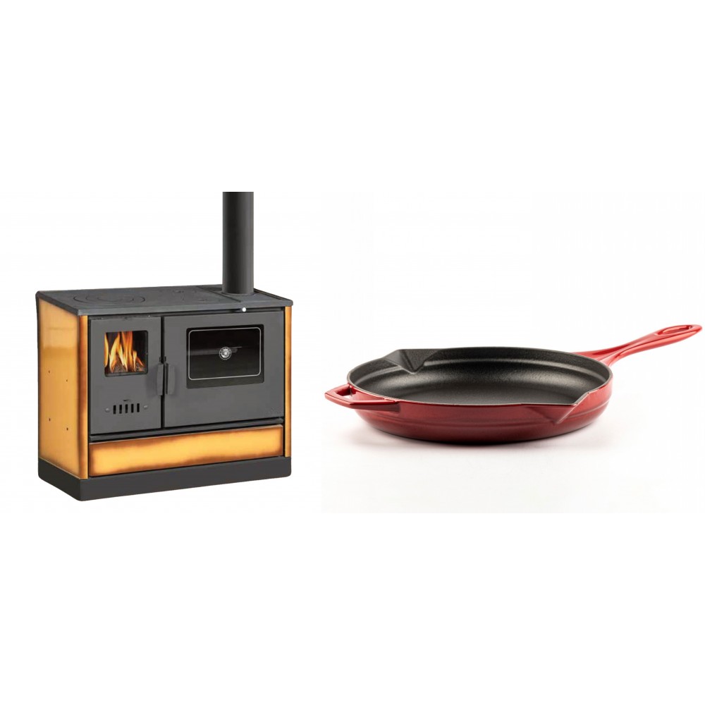 Set Küchenofen mit Backofen und Kochplatte Balkan Energy, Modell 4020 Cappuccino, Obere Platte aus Gusseisen, Leistung 7.9kW + Emaillierte Gusseisenpfanne Solagio, Rubin, Ф28cm | Kaminofen - Holzofen mit Backfach | Kaminofen |