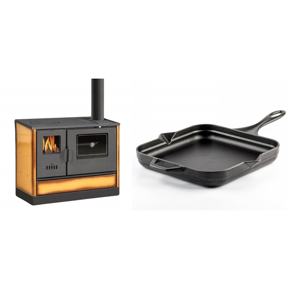 Set Küchenofen mit Backofen und Kochplatte Balkan Energy, Modell 4020 Cappuccino, Obere Platte aus Gusseisen, Leistung 7.9kW + Emaillierte Gusseisenpfanne Solagio, Black Onyx, 28x28cm | Kaminofen - Holzofen mit Backfach | Kaminofen |