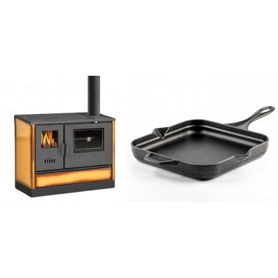 Set Küchenofen mit Backofen und Kochplatte Balkan Energy, Modell 4020 Cappuccino, Obere Platte aus Gusseisen, Leistung 7.9kW + Emaillierte Gusseisenpfanne Solagio, Black Onyx, 28x28cm - Balkan Energy