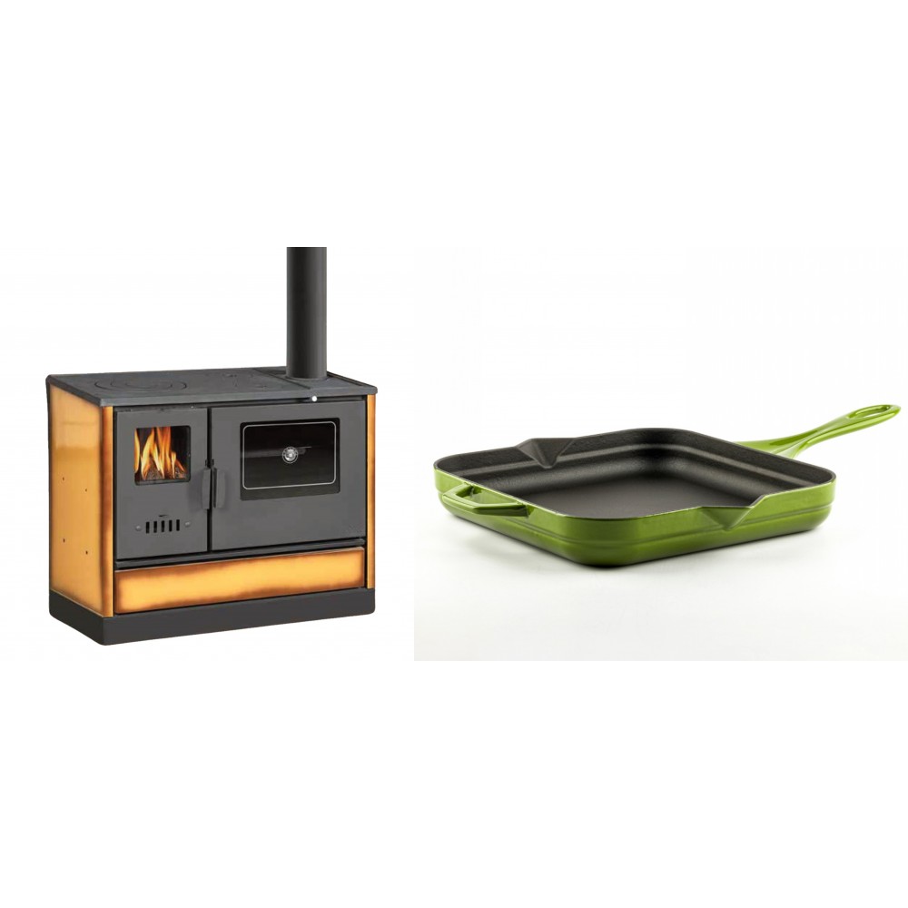 Set Küchenofen mit Backofen und Kochplatte Balkan Energy, Modell 4020 Cappuccino, Obere Platte aus Gusseisen, Leistung 7.9kW + Emaillierte Gusseisenpfanne Solagio, Bamboo, 28x28cm | Kaminofen - Holzofen mit Backfach | Kaminofen |