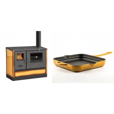 Set Küchenofen mit Backofen und Kochplatte Balkan Energy, Modell 4020 Cappuccino, Obere Platte aus Gusseisen, Leistung 7.9kW + Emaillierte Gusseisenpfanne Solagio, Dijon, 28x28cm - Balkan Energy