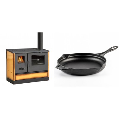 Set Küchenofen mit Backofen und Kochplatte Balkan Energy, Modell 4020 Cappuccino, Obere Platte aus Gusseisen, Leistung 7.9kW + Emaillierte Gusseisenpfanne Solagio, Black Onyx, Ф28cm - Balkan Energy