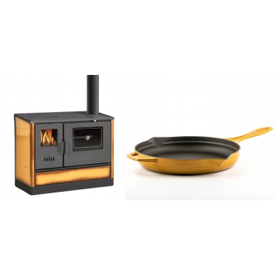 Set Küchenofen mit Backofen und Kochplatte Balkan Energy, Modell 4020 Cappuccino, Obere Platte aus Gusseisen, Leistung 7.9kW + Emaillierte Gusseisenpfanne Solagio, Dijon, Ф28cm - Balkan Energy