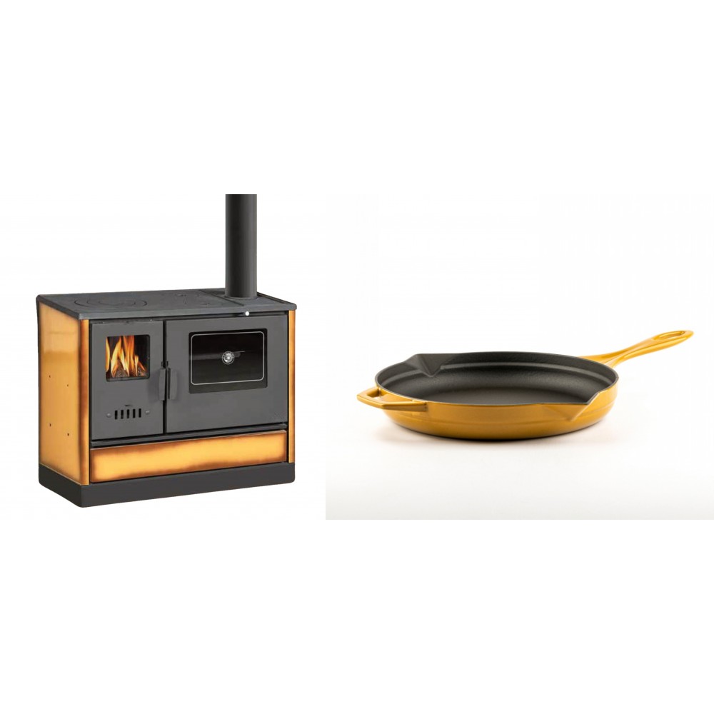 Set Küchenofen mit Backofen und Kochplatte Balkan Energy, Modell 4020 Cappuccino, Obere Platte aus Gusseisen, Leistung 7.9kW + Emaillierte Gusseisenpfanne Solagio, Dijon, Ф24cm