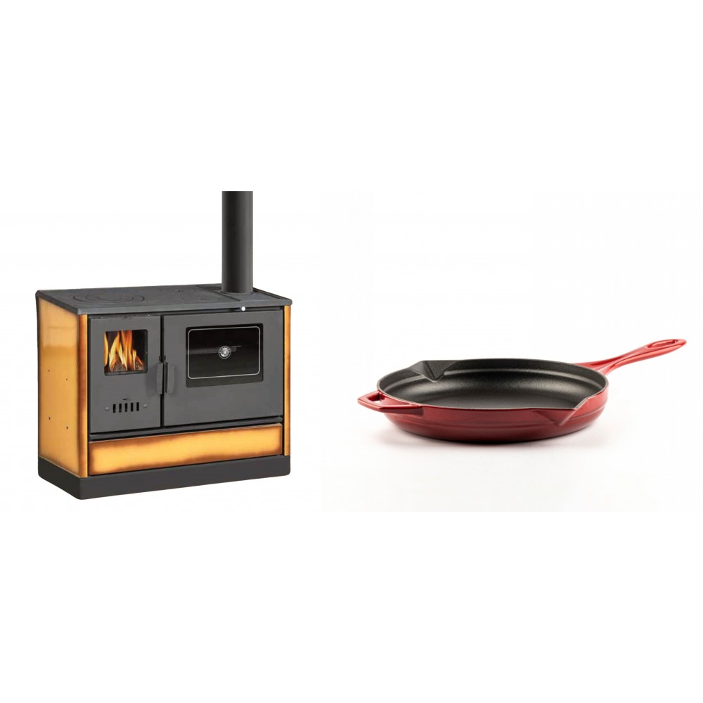 Set Küchenofen mit Backofen und Kochplatte Balkan Energy, Modell 4020 Cappuccino, Obere Platte aus Gusseisen, Leistung 7.9kW + Emaillierte Gusseisenpfanne Solagio, Rubin, Ф24cm