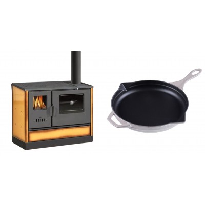 Set Küchenofen mit Backofen und Kochplatte Balkan Energy, Modell 4020 Cappuccino, Obere Platte aus Gusseisen, Leistung 7.9kW + Emaillierte Gusseisenpfanne Solagio, Ivory, Ф28cm - Balkan Energy