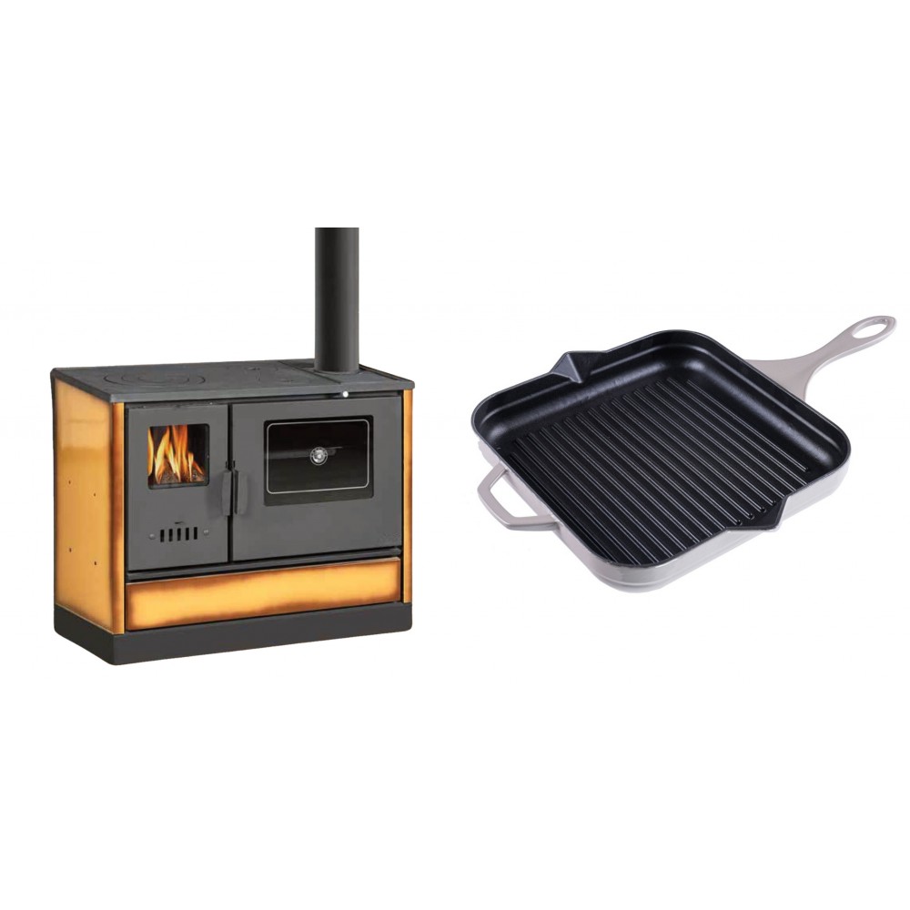 Set Küchenofen mit Backofen und Kochplatte Balkan Energy, Modell 4020 Cappuccino, Obere Platte aus Gusseisen, Leistung 7.9kW + Emaillierte grillpfanne Gusseisen Solagio, Ivory, 28x28cm