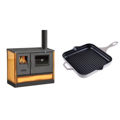 Set Küchenofen mit Backofen und Kochplatte Balkan Energy, Modell 4020 Cappuccino, Obere Platte aus Gusseisen, Leistung 7.9kW + Emaillierte grillpfanne Gusseisen Solagio, Ivory, 28x28cm - Balkan Energy