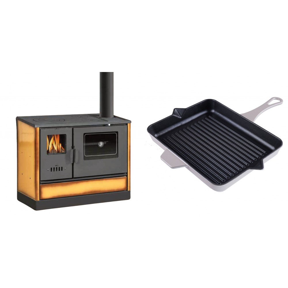 Set Küchenofen mit Backofen und Kochplatte Balkan Energy, Modell 4020 Cappuccino, Obere Platte aus Gusseisen, Leistung 7.9kW + Emaillierte grillpfanne Gusseisen Solagio, Ivory, 26x32cm