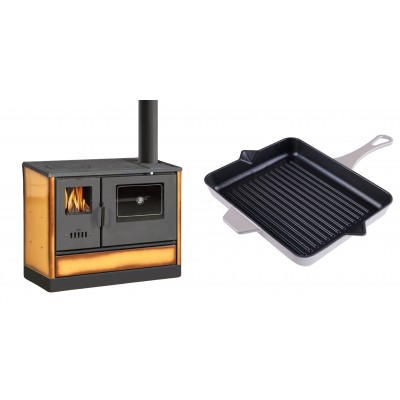 Set Küchenofen mit Backofen und Kochplatte Balkan Energy, Modell 4020 Cappuccino, Obere Platte aus Gusseisen, Leistung 7.9kW + Emaillierte grillpfanne Gusseisen Solagio, Ivory, 26x32cm - Balkan Energy