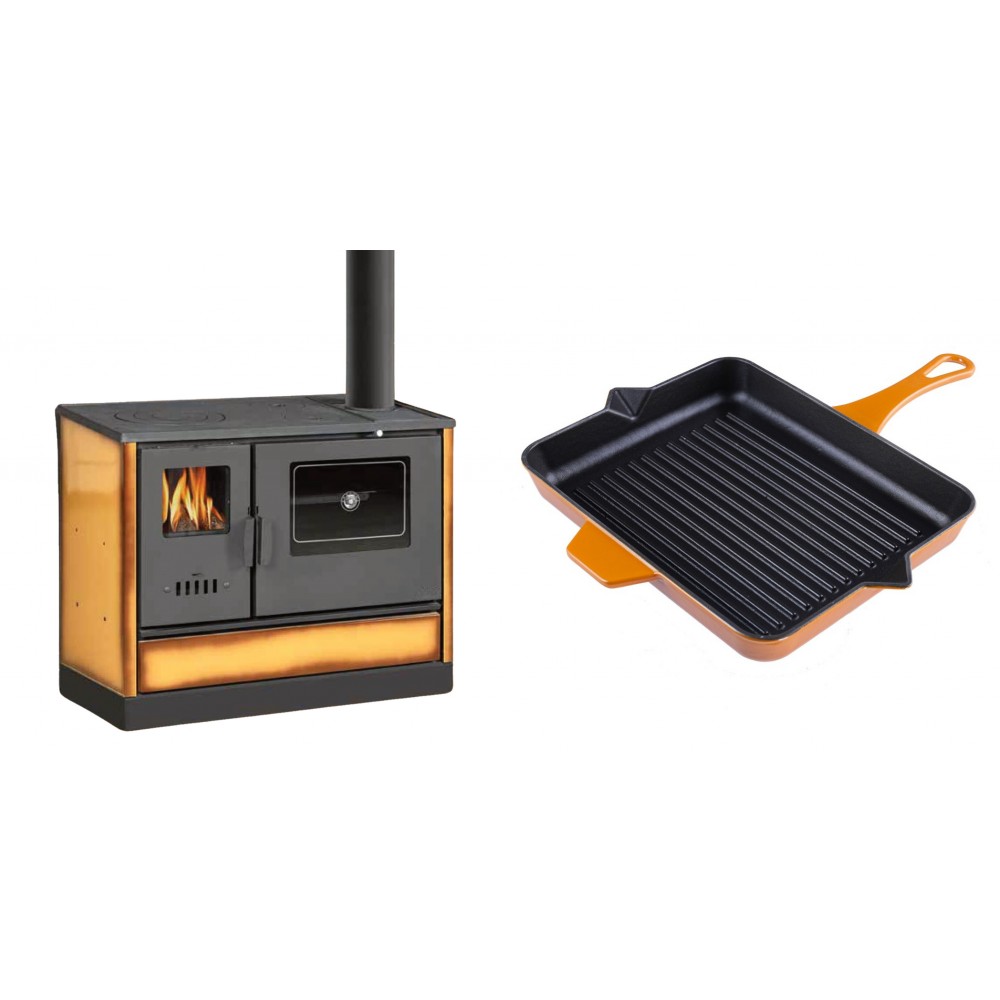 Set Küchenofen mit Backofen und Kochplatte Balkan Energy, Modell 4020 Cappuccino, Obere Platte aus Gusseisen, Leistung 7.9kW + Emaillierte grillpfanne Gusseisen Solagio, Dijon, 26x32cm