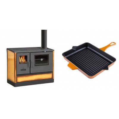 Set Küchenofen mit Backofen und Kochplatte Balkan Energy, Modell 4020 Cappuccino, Obere Platte aus Gusseisen, Leistung 7.9kW + Emaillierte grillpfanne Gusseisen Solagio, Dijon, 26x32cm - Balkan Energy