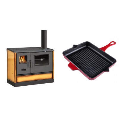 Set Küchenofen mit Backofen und Kochplatte Balkan Energy, Modell 4020 Cappuccino, Obere Platte aus Gusseisen, Leistung 7.9kW + Emaillierte grillpfanne Gusseisen Solagio, Rubin, 26x32cm - Balkan Energy