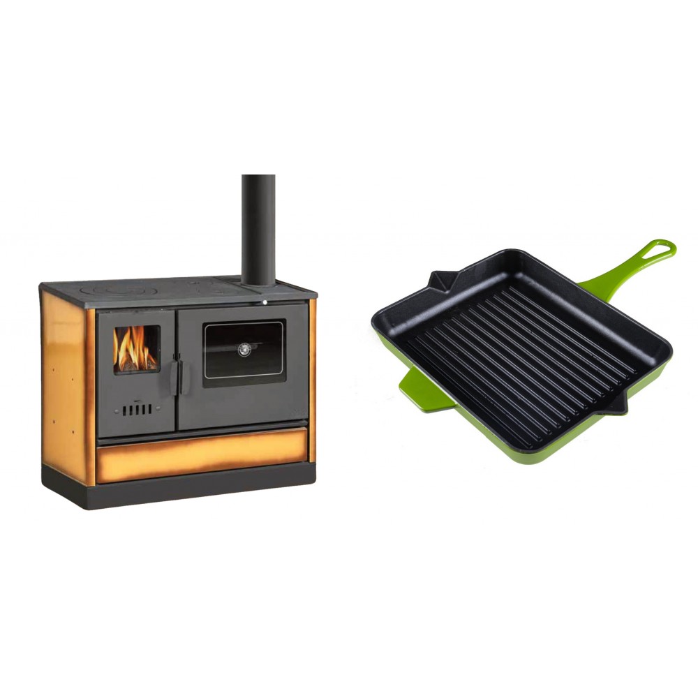 Set Küchenofen mit Backofen und Kochplatte Balkan Energy, Modell 4020 Cappuccino, Obere Platte aus Gusseisen, Leistung 7.9kW + Emaillierte grillpfanne Gusseisen Solagio, Bamboo, 26x32cm | Kaminofen - Holzofen mit Backfach | Kaminofen |