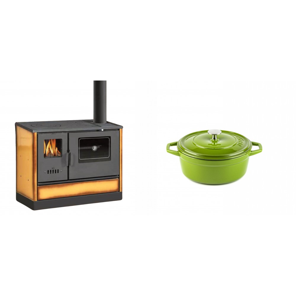 Set Küchenofen mit Backofen und Kochplatte Balkan Energy, Modell 4020 Cappuccino, Obere Platte aus Gusseisen, Leistung 7.9kW + Gusseisen Topf Tiefer Solagio, Bamboo, Ф12 | Kaminofen - Holzofen mit Backfach | Kaminofen |