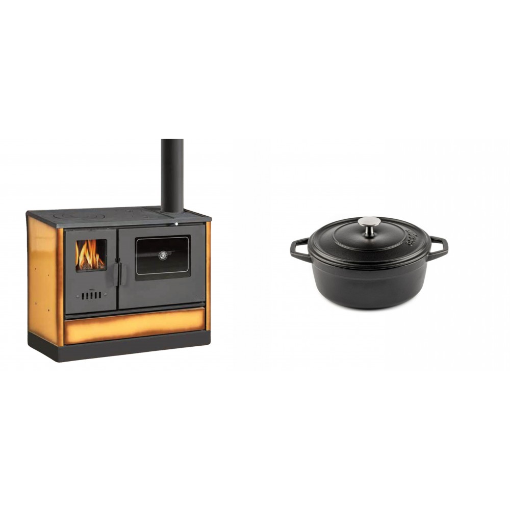 Set Küchenofen mit Backofen und Kochplatte Balkan Energy, Modell 4020 Cappuccino, Obere Platte aus Gusseisen, Leistung 7.9kW + Gusseisen Topf Tiefer Solagio, Black Onyx, Ф12 | Kaminofen - Holzofen mit Backfach | Kaminofen |