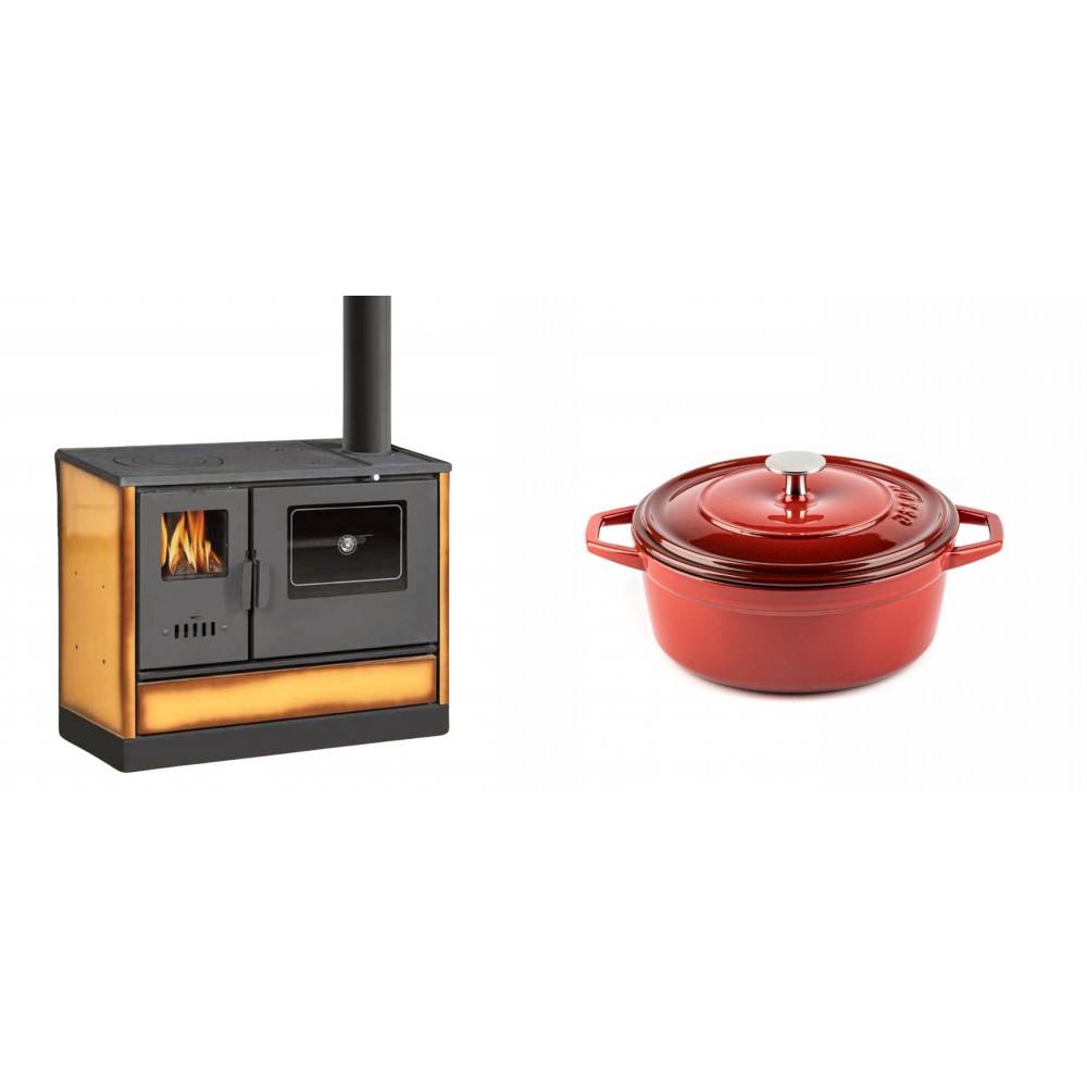 Set Küchenofen mit Backofen und Kochplatte Balkan Energy, Modell 4020 Cappuccino, Obere Platte aus Gusseisen, Leistung 7.9kW + Gusseisen Topf Tiefer Solagio, Rubin, Ф20 | Kaminofen - Holzofen mit Backfach | Kaminofen |