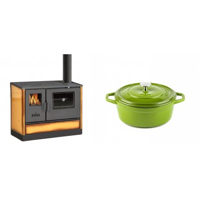 Set Küchenofen mit Backofen und Kochplatte Balkan Energy, Modell 4020 Cappuccino, Obere Platte aus Gusseisen, Leistung 7.9kW + Gusseisen Topf Tiefer Solagio, Bamboo, Ф20 - Balkan Energy