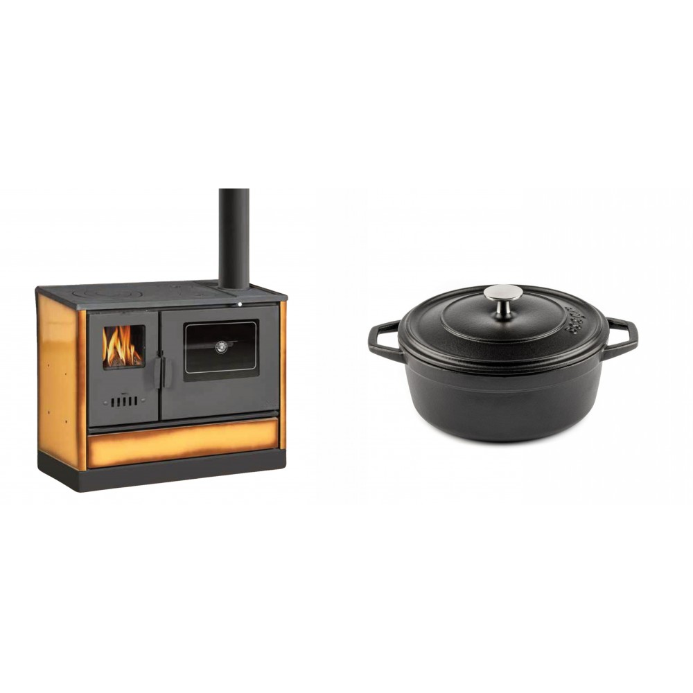 Set Küchenofen mit Backofen und Kochplatte Balkan Energy, Modell 4020 Cappuccino, Obere Platte aus Gusseisen, Leistung 7.9kW + Gusseisen Topf Tiefer Solagio, Black Onyx, Ф20 | Kaminofen - Holzofen mit Backfach | Kaminofen |