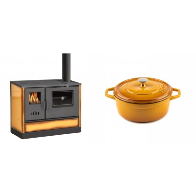 Set Küchenofen mit Backofen und Kochplatte Balkan Energy, Modell 4020 Cappuccino, Obere Platte aus Gusseisen, Leistung 7.9kW + Gusseisen Topf Tiefer Solagio, Dijon, Ф20 - Balkan Energy