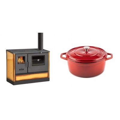 Set Küchenofen mit Backofen und Kochplatte Balkan Energy, Modell 4020 Cappuccino, Obere Platte aus Gusseisen, Leistung 7.9kW + Gusseisen Topf Tiefer Solagio, Rubin, Ф24 - Balkan Energy