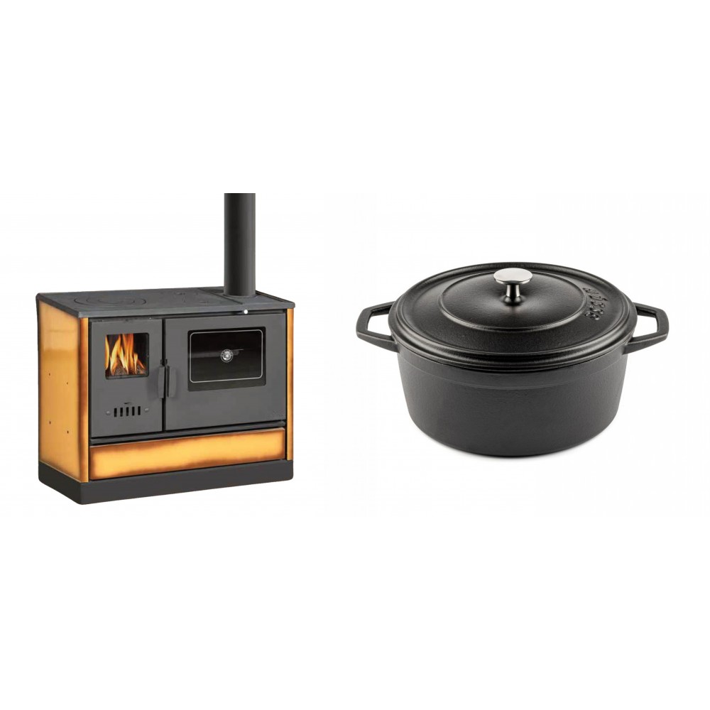 Set Küchenofen mit Backofen und Kochplatte Balkan Energy, Modell 4020 Cappuccino, Obere Platte aus Gusseisen, Leistung 7.9kW + Gusseisen Topf Tiefer Solagio, Black Onyx, Ф24