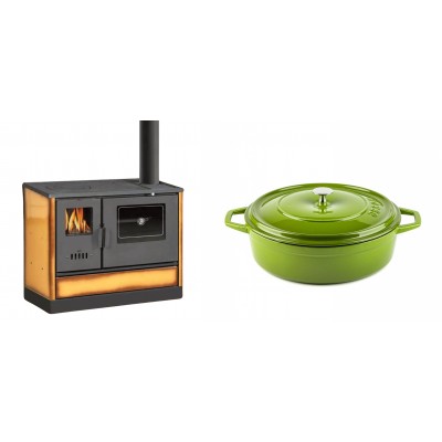 Set Küchenofen mit Backofen und Kochplatte Balkan Energy, Modell 4020 Cappuccino, Obere Platte aus Gusseisen, Leistung 7.9kW + Gusseisen Topf Flach Solagio, Bamboo, Ф26 - Balkan Energy