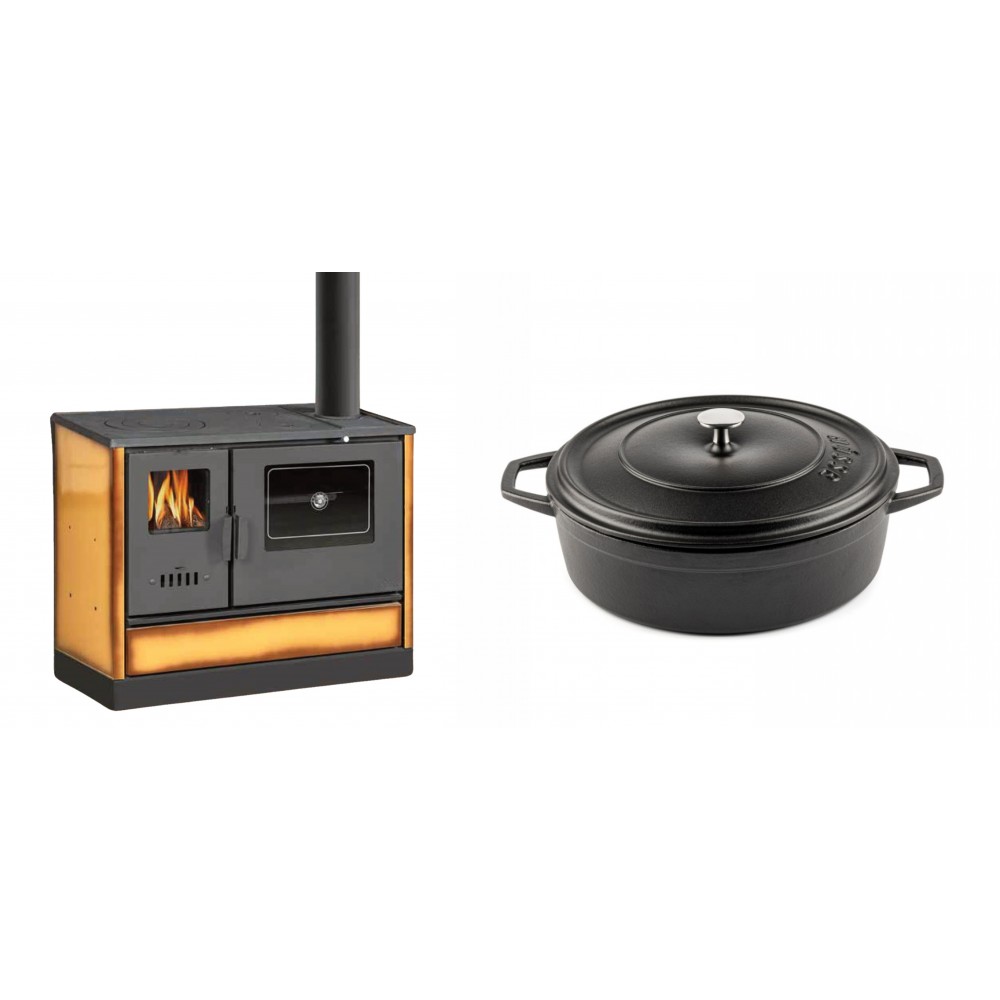 Set Küchenofen mit Backofen und Kochplatte Balkan Energy, Modell 4020 Cappuccino, Obere Platte aus Gusseisen, Leistung 7.9kW + Gusseisen Topf Flach Solagio, Black Onyx, Ф26