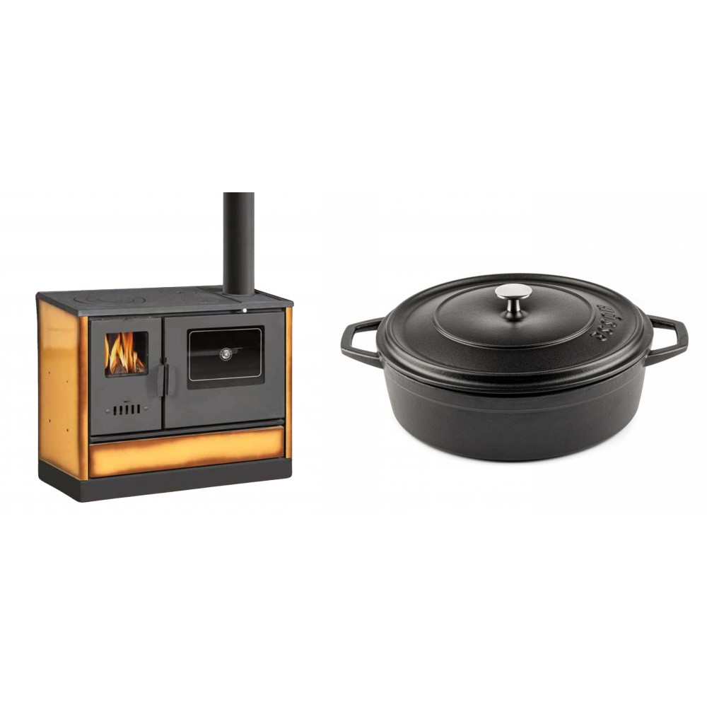 Set Küchenofen mit Backofen und Kochplatte Balkan Energy, Modell 4020 Cappuccino, Obere Platte aus Gusseisen, Leistung 7.9kW + Gusseisen Topf Flach Solagio, Black Onyx, Ф28