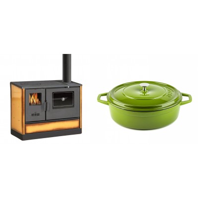 Set Küchenofen mit Backofen und Kochplatte Balkan Energy, Modell 4020 Cappuccino, Obere Platte aus Gusseisen, Leistung 7.9kW + Gusseisen Topf Flach Solagio, Bamboo, Ф28 - Balkan Energy