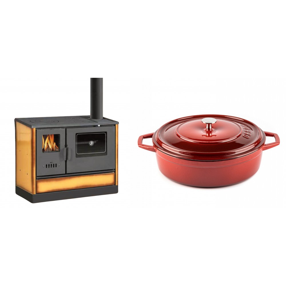Set Küchenofen mit Backofen und Kochplatte Balkan Energy, Modell 4020 Cappuccino, Obere Platte aus Gusseisen, Leistung 7.9kW + Gusseisen Topf Flach Solagio, Rubin, Ф28 | Kaminofen - Holzofen mit Backfach | Kaminofen |