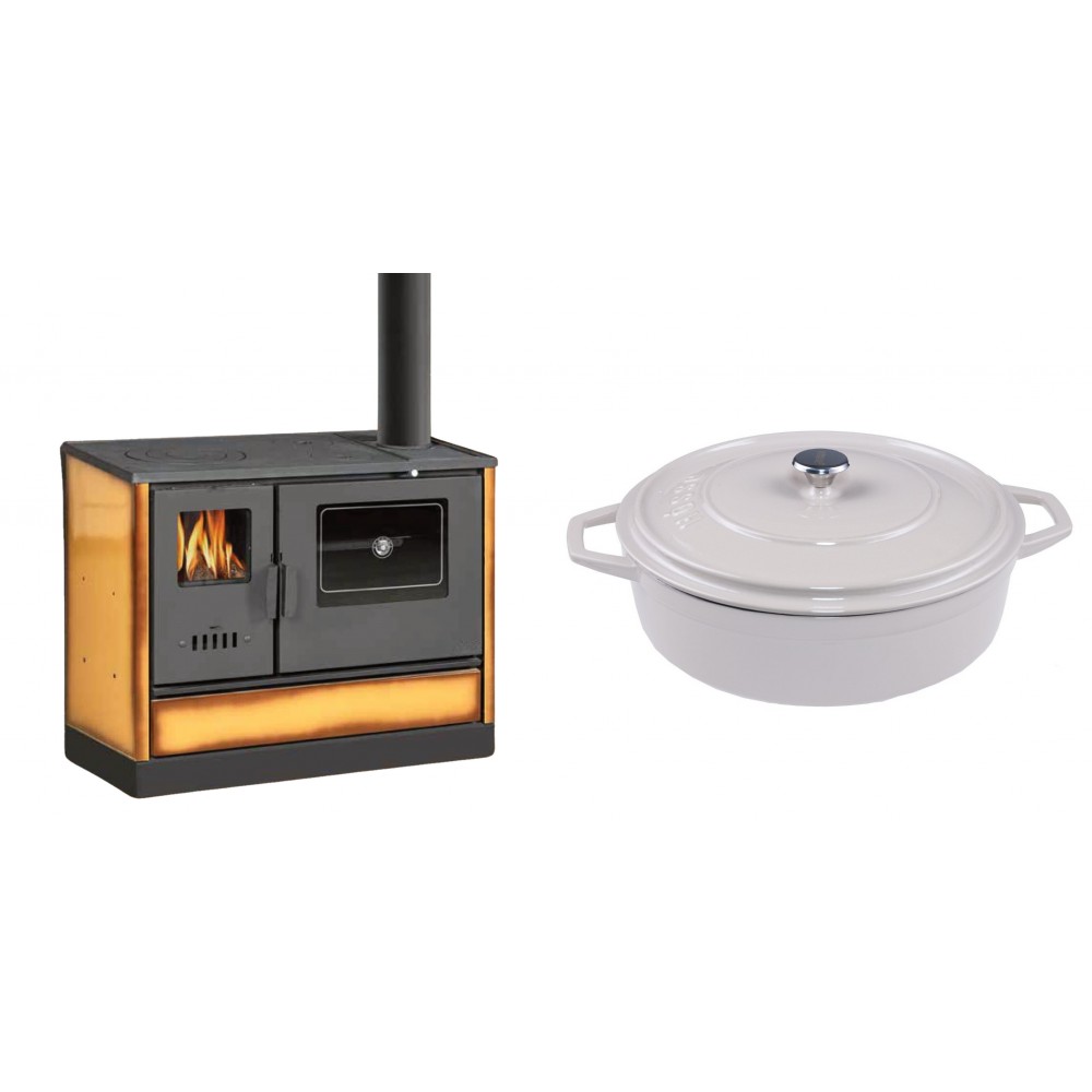 Set Küchenofen mit Backofen und Kochplatte Balkan Energy, Modell 4020 Cappuccino, Obere Platte aus Gusseisen, Leistung 7.9kW + Gusseisen Topf Flach Solagio, Ivory, Ф28