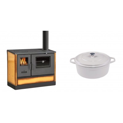 Set Küchenofen mit Backofen und Kochplatte Balkan Energy, Modell 4020 Cappuccino, Obere Platte aus Gusseisen, Leistung 7.9kW + Gusseisen Topf Tiefer Solagio, Ivory, Ф20 - Balkan Energy