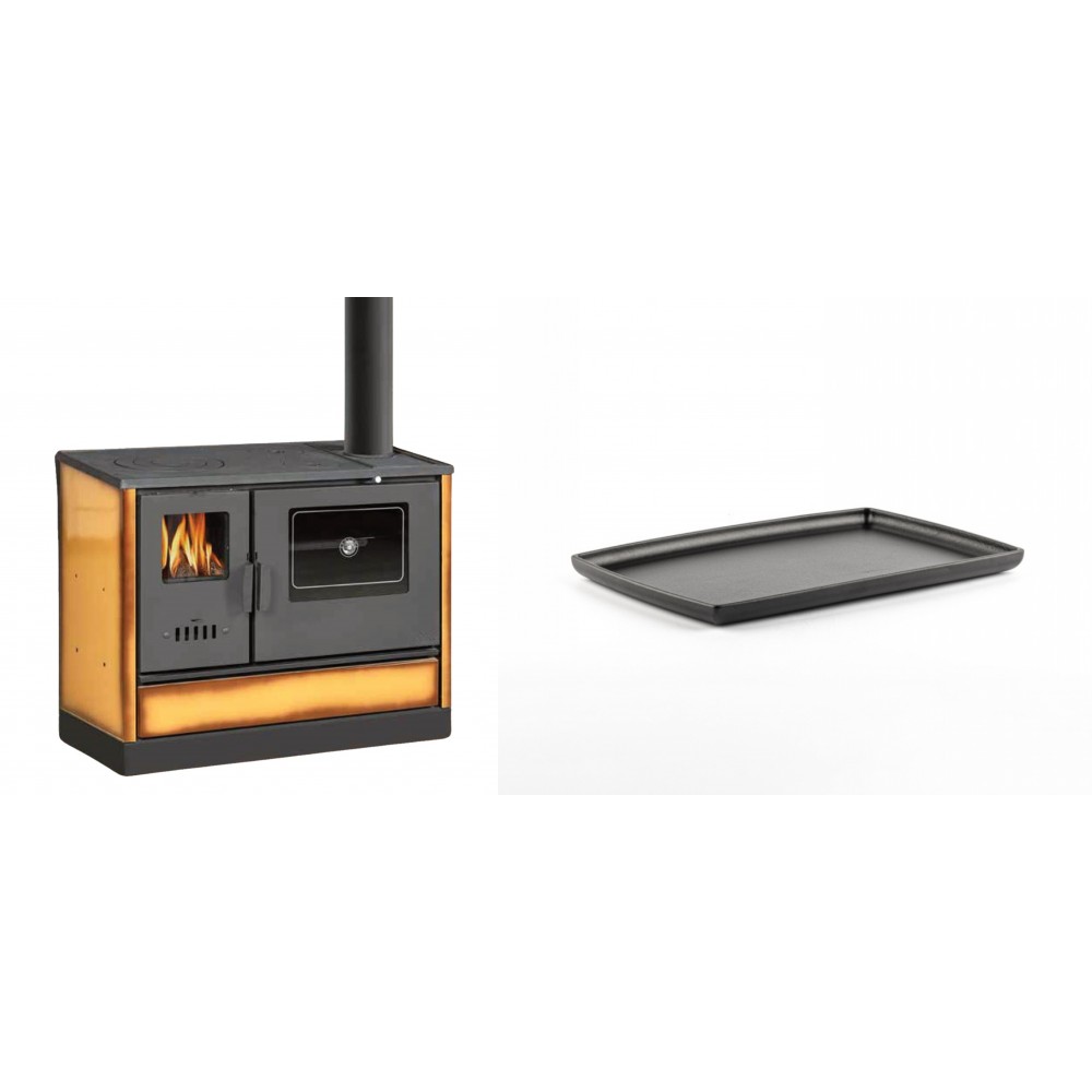 Set Küchenofen mit Backofen und Kochplatte Balkan Energy, Modell 4020 Cappuccino, Obere Platte aus Gusseisen, Leistung 7.9kW + Rechteckige Servierplatte aus Gusseisen Solagio, 21x31cm