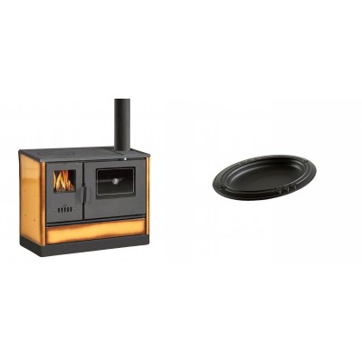 Set Küchenofen mit Backofen und Kochplatte Balkan Energy, Modell 4020 Cappuccino, Obere Platte aus Gusseisen, Leistung 7.9kW + Gusseiserne auflaufform Solagio oval, 17x28cm - Balkan Energy