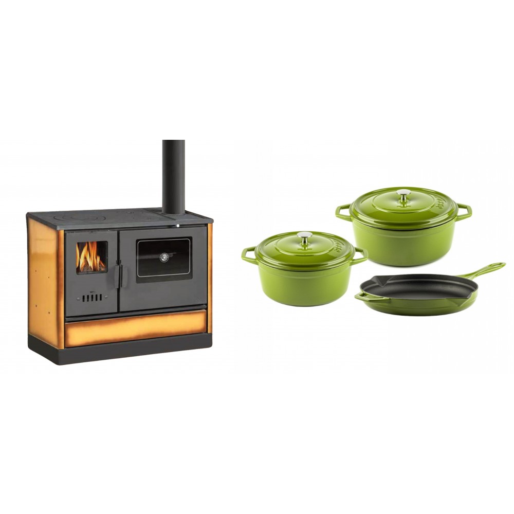 Set Küchenofen mit Backofen und Kochplatte Balkan Energy, Modell 4020 Cappuccino, Obere Platte aus Gusseisen, Leistung 7.9kW + Gusseisen Topf Set aus 3 teilen Solagio, Bamboo | Kaminofen - Holzofen mit Backfach | Kaminofen |