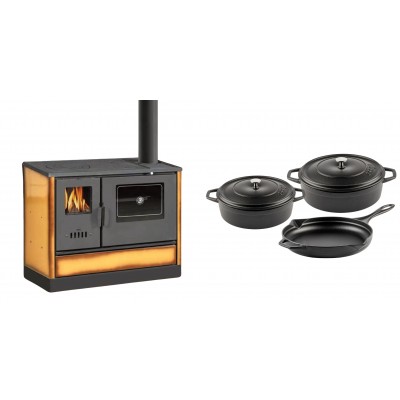 Set Küchenofen mit Backofen und Kochplatte Balkan Energy, Modell 4020 Cappuccino, Obere Platte aus Gusseisen, Leistung 7.9kW + Gusseisen Topf Set aus 3 teilen Solagio, Black Onyx - Balkan Energy
